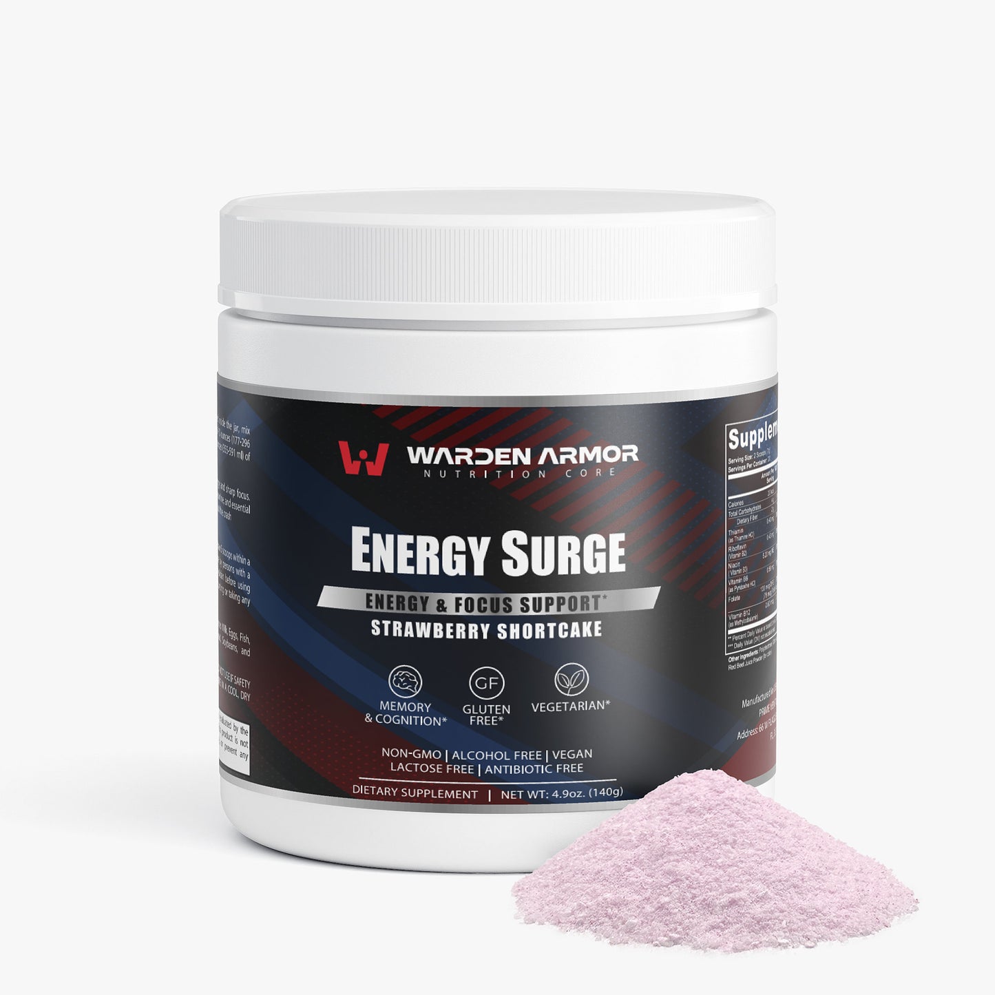 Energy Surge – Strawberry Shortcake flavor – clean energy and focus powder – Warden Armor Nutrition Core